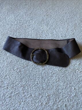 Dark brown soft leather belt with bronze color buckle with small yellow stones